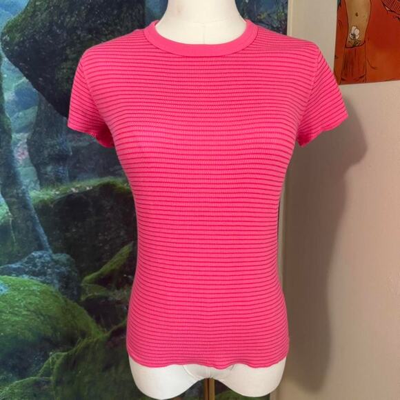 hot pink ribbed baby tee large y2k fitted stretchy top - Picture 1 of 6